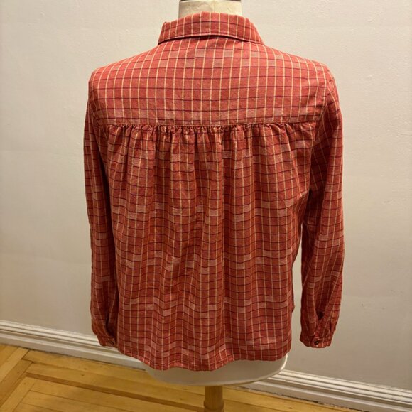 NWOT Poetry Checked Blouse in linen & cotton in  Coral Red - Picture 5 of 10